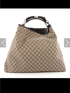 GG Brown Beige Canvas Large Horsebit Hobo Tote